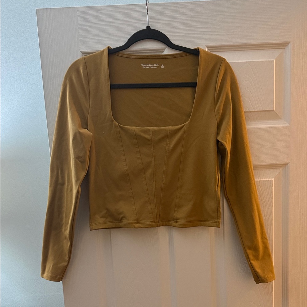 Abercrombie & Fitch Mustard Square-Neck Long-Sleeve Crop Top